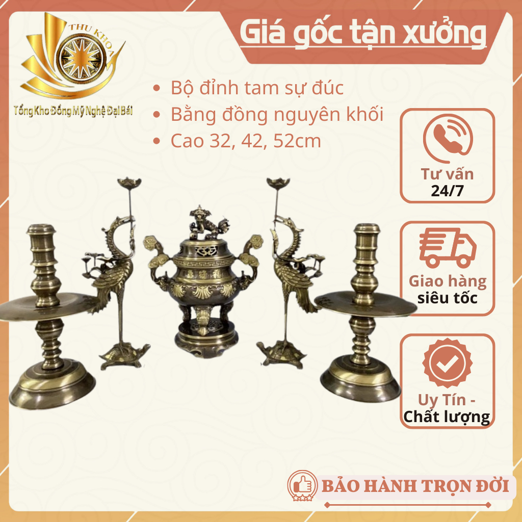 Bộ Đỉnh Đồng Ngũ Sự 52cm Đỉnh Hạc Chân Đèn Bằng Đồng Chuẩn Phong Thủy, Bộ Lư Đặt Bàn Thờ Bằng Đồng Đại Bái Mẫu 4