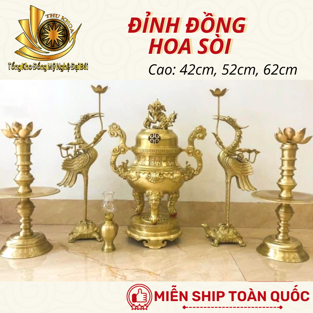 Bộ Đỉnh Đồng Ngũ Sự 52cm Đỉnh Hạc Chân Đèn Bằng Đồng Chuẩn Phong Thủy, Bộ Lư Đặt Bàn Thờ Bằng Đồng Đại Bái Mẫu 4