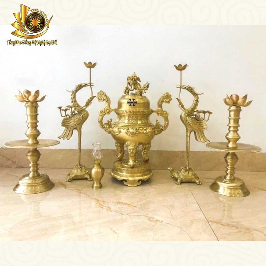 Bộ Đỉnh Đồng Ngũ Sự 52cm Đỉnh Hạc Chân Đèn Bằng Đồng Chuẩn Phong Thủy, Bộ Lư Đặt Bàn Thờ Bằng Đồng Đại Bái Mẫu 4