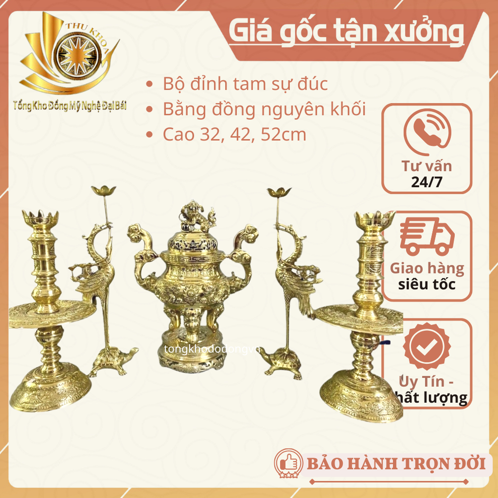 Bộ Đỉnh Đồng Ngũ Sự 52cm Đỉnh Hạc Chân Đèn Bằng Đồng Chuẩn Phong Thủy, Bộ Lư Đặt Bàn Thờ Bằng Đồng Đại Bái Mẫu 4