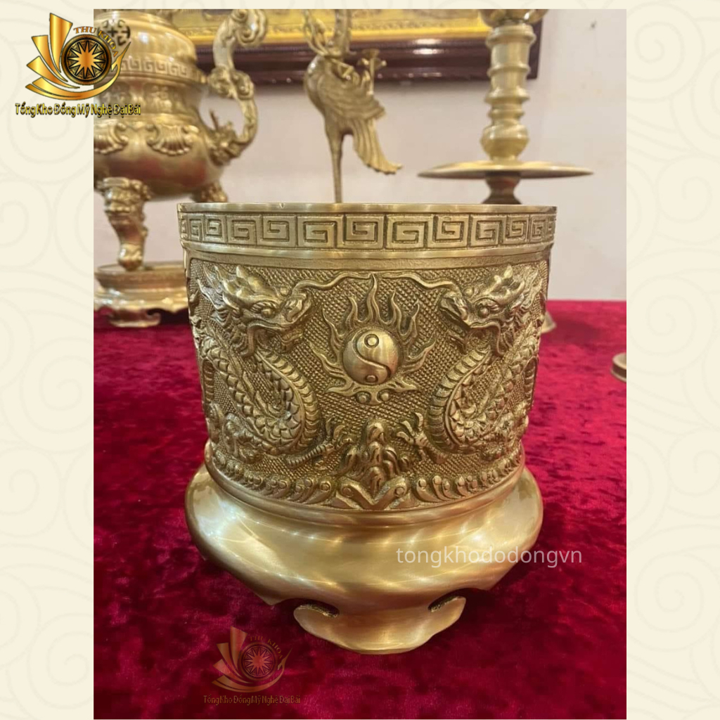 Bát Hương Lư Hương Đồng Vàng 20cm Giá Rẻ Chạm Khắc Hoa Văn Song Long Chầu Nguyệt Miễn Ship Làng Nghề Đại Bái
