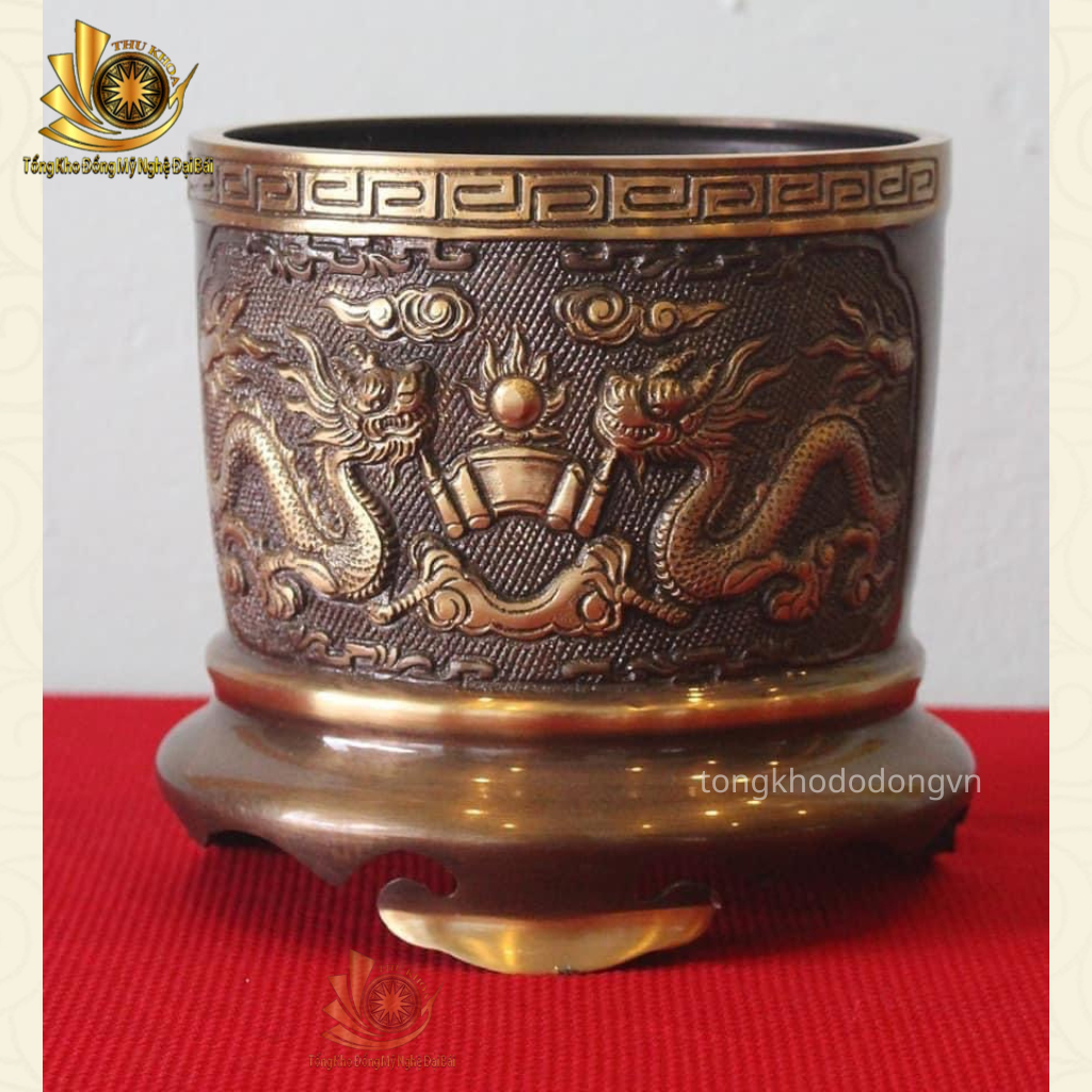 Bát Hương Lư Hương Đồng Vàng 20cm Giá Rẻ Chạm Khắc Hoa Văn Song Long Chầu Nguyệt Miễn Ship Làng Nghề Đại Bái