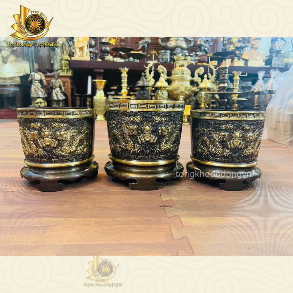 Bát Hương Lư Hương Đồng Vàng 20cm Giá Rẻ Chạm Khắc Hoa Văn Song Long Chầu Nguyệt Miễn Ship Làng Nghề Đại Bái
