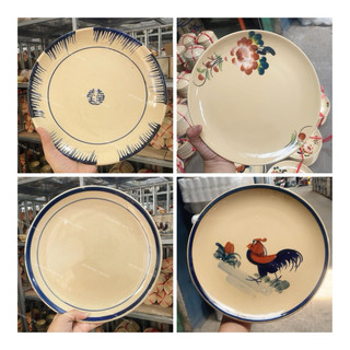 Dĩa Gốm Vẽ Hoạ Tiết Gà/Hoa/Chỉ Size Cực Đại Đường Kính 25cm - Gốm Xưa Cho Người Hoài Niệm - Gốm Nam Bộ Xưa Hàg Lò Ga Dày