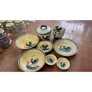 Bộ Chén Dĩa Tô Thố Con Gà Trống - Dành Cho 5 Người - Gốm Lái Thiêu - Gốm Xưa Cho Người Hoài Niệm - Gốm Sứ Nam Bộ