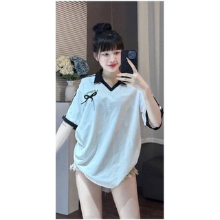 Áo Thun Freesize, Áo Phối Cổ Polo Thêu Tag Nơ, Chất Cotton Mát Mịn