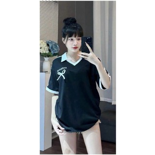 Áo Thun Freesize, Áo Phối Cổ Polo Thêu Tag Nơ, Chất Cotton Mát Mịn