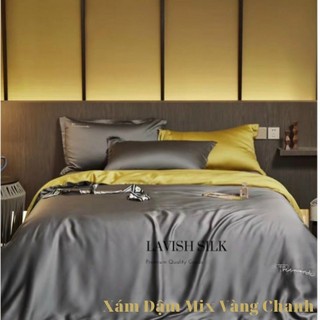 (Hàng order)Bộ Chăn  Ga Gối  Lụa Lavish Silk Cao Cấp Mát Lạnh Hàng Loại 1- Xám Đâm Mix Vàng Chanh