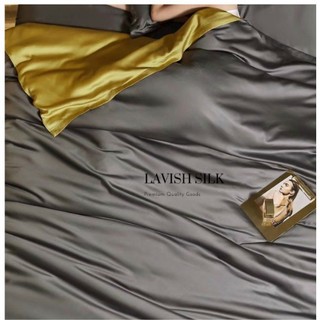 (Hàng order)Bộ Chăn  Ga Gối  Lụa Lavish Silk Cao Cấp Mát Lạnh Hàng Loại 1- Xám Đâm Mix Vàng Chanh