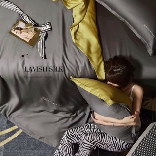 (Hàng order)Bộ Chăn  Ga Gối  Lụa Lavish Silk Cao Cấp Mát Lạnh Hàng Loại 1- Xám Đâm Mix Vàng Chanh
