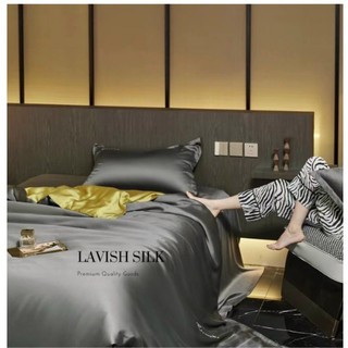 (Hàng order)Bộ Chăn  Ga Gối  Lụa Lavish Silk Cao Cấp Mát Lạnh Hàng Loại 1- Xám Đâm Mix Vàng Chanh