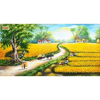 Tranh Dán tường 3D Phong Cảnh Làng Quê sông nước, ao sen, thuyền đò, cây đa đầu làng, rặng dừa