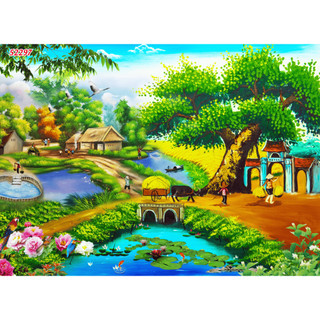 Tranh Dán tường 3D Phong Cảnh Làng Quê sông nước, ao sen, thuyền đò, cây đa đầu làng, rặng dừa