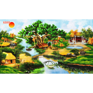 Tranh Dán tường 3D Phong Cảnh Làng Quê sông nước, ao sen, thuyền đò, cây đa đầu làng, rặng dừa