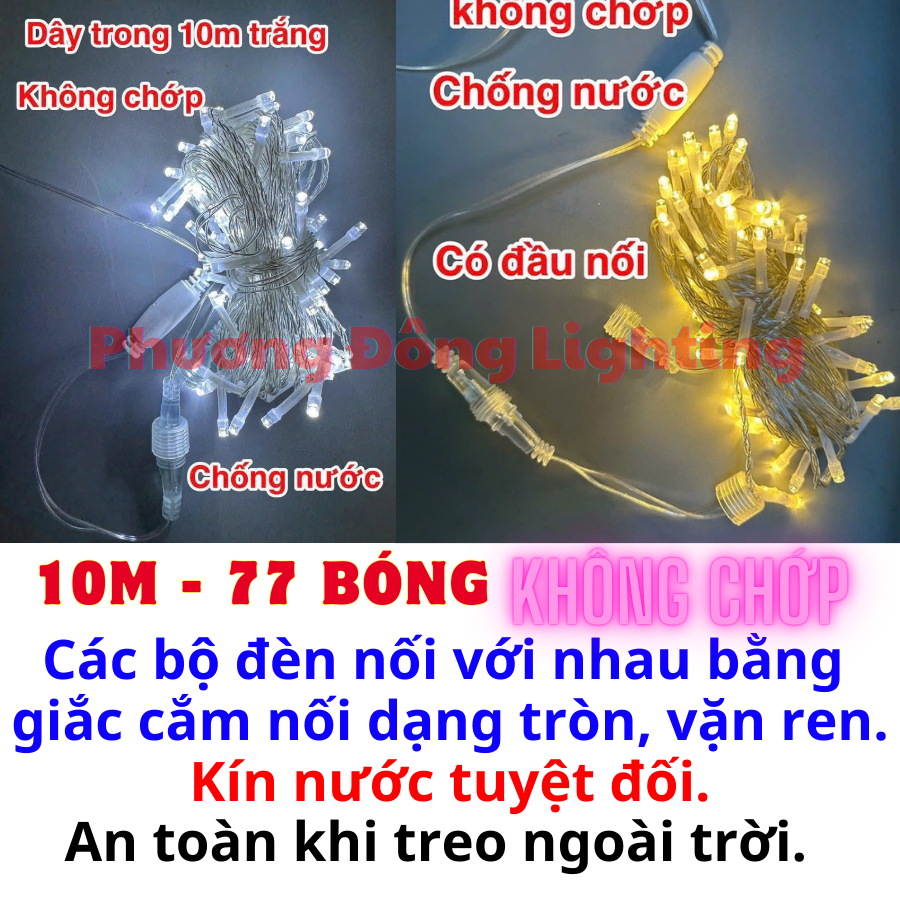 Dây đèn LED Trang trí Noel 10m - 77 Bóng KHÔNG CHỚP có đầu cắm nối Tròn Kín Nước Tuyệt Đối