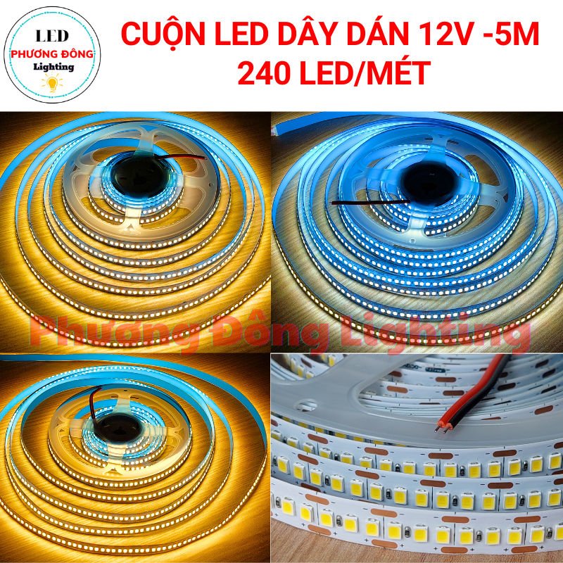 Cuộn LED dây dán 12V - 240 LED màu Trắng - Vàng - Trung tính 5m
