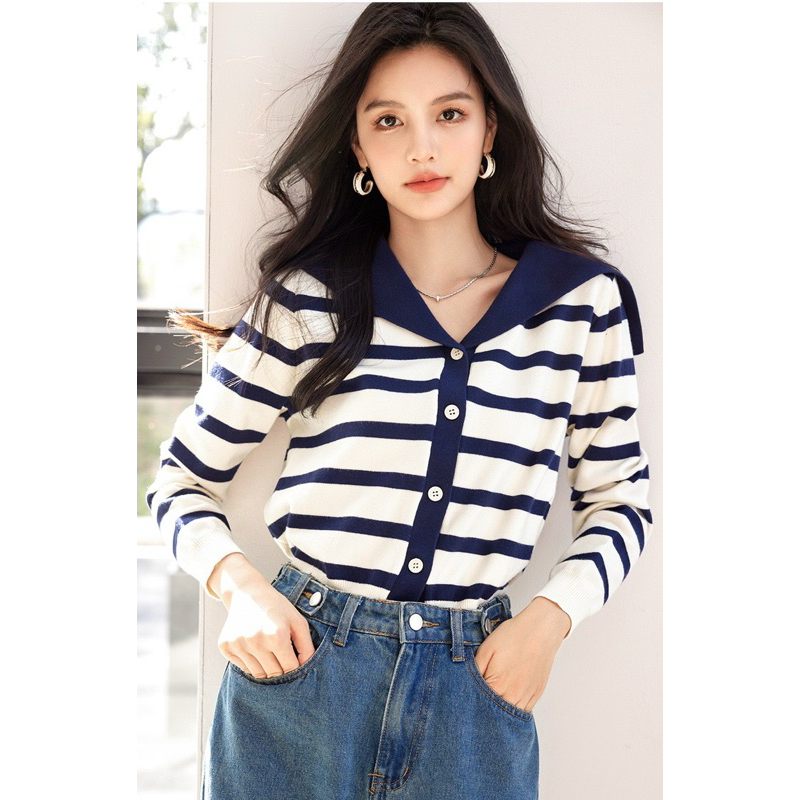 Áo Len Kẻ Cardigan Cổ Bẻ V Thuỷ Thủ chuẩn hàng QC Windystore Shopee