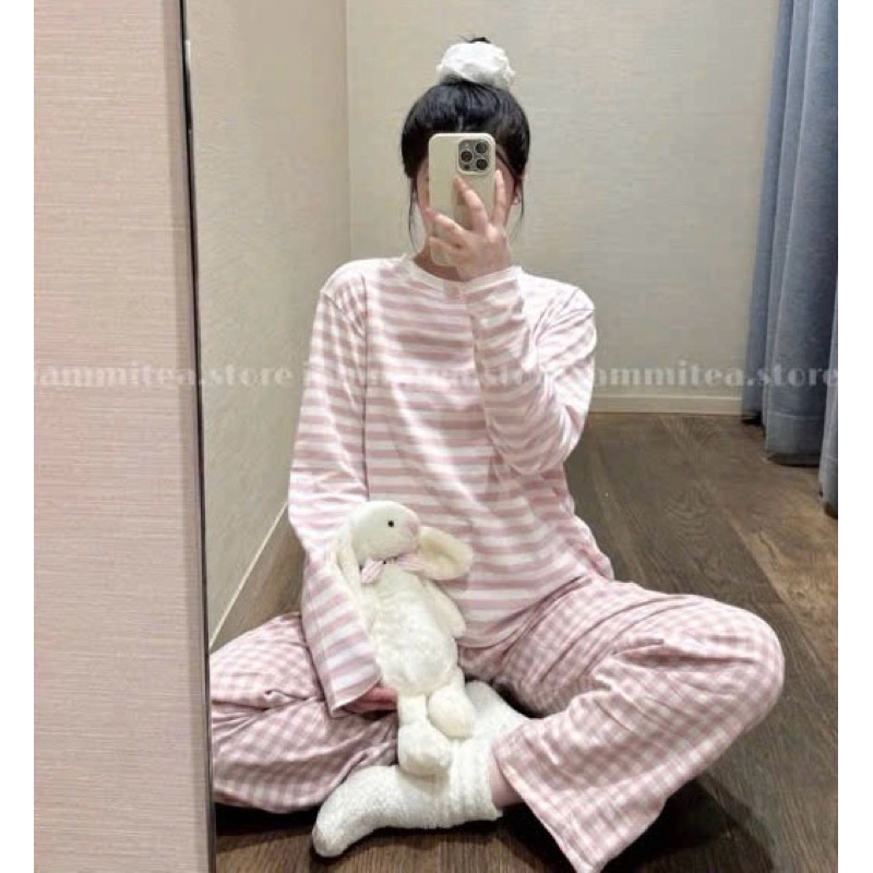 Sét bộ dài tay thu đông, sét đồ dài áo kẻ sọc quần dài kate hoạ tiết caro JULY fashion, đồ bộ mặt nhà dài tay cho nữ