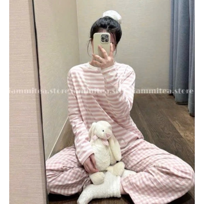 Sét bộ dài tay thu đông, sét đồ dài áo kẻ sọc quần dài kate hoạ tiết caro JULY fashion, đồ bộ mặt nhà dài tay cho nữ