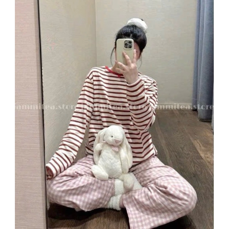Sét bộ dài tay thu đông, sét đồ dài áo kẻ sọc quần dài kate hoạ tiết caro JULY fashion, đồ bộ mặt nhà dài tay cho nữ