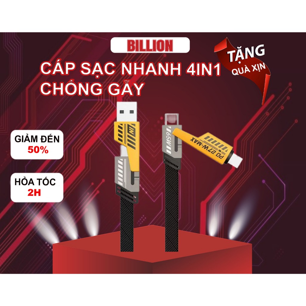 Cáp Sạc Nhanh Đa Năng 4 Trong 1 Truyền Dữ Liệu Và Sạc Nhanh PD2OW Và Điện Thoại Android Type-C 65W