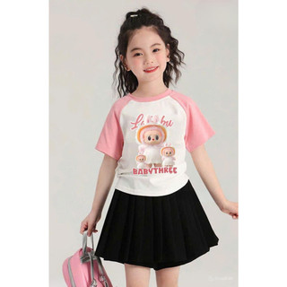 [B&G] Sét áo labubu phối tay kèm chân váy kaki đen rập ly cho bé gái từ 13-45kg