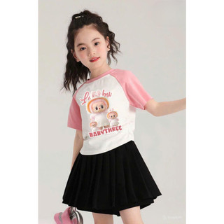 [B&G] Sét áo labubu phối tay kèm chân váy kaki đen rập ly cho bé gái từ 13-45kg