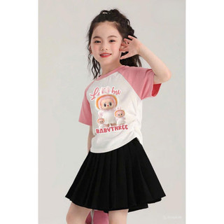 [B&G] Sét áo labubu phối tay kèm chân váy kaki đen rập ly cho bé gái từ 13-45kg