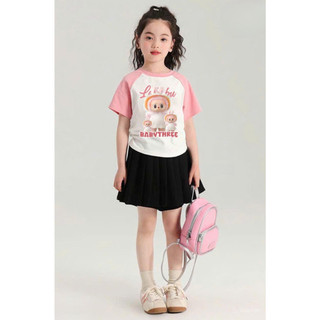 [B&G] Sét áo labubu phối tay kèm chân váy kaki đen rập ly cho bé gái từ 13-45kg