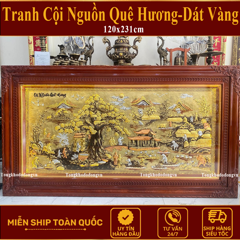 Tranh Đồng Quê Đẹp Bằng Đồng 2m31*1m2 Dát V.àng   Kèm Đèn Led Tranh Đồng Quê Hương Đồ Đồng Đại Bái