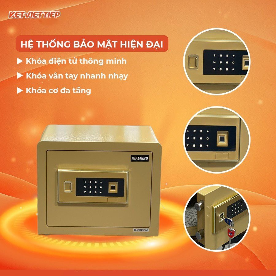 Két sắt mini nhập khẩu thông minh Aifeibao KV35 màu vàng gold sang trọng cao 30*rộng 38*sâu 30cm