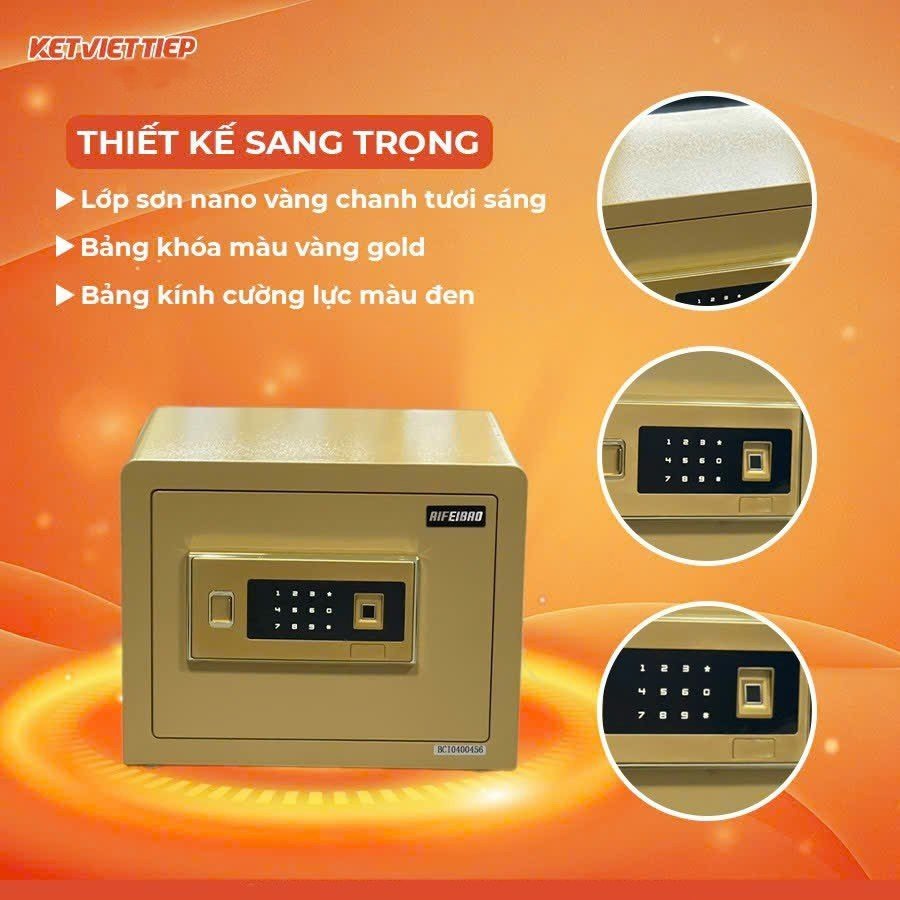 Két sắt mini nhập khẩu thông minh Aifeibao KV35 màu vàng gold sang trọng cao 30*rộng 38*sâu 30cm