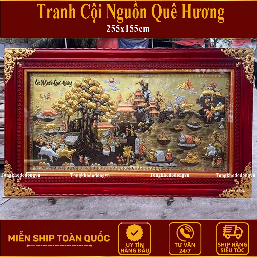 Tranh Đồng Quê Đẹp Bằng Đồng 2m31*1m2 Dát V.àng   Kèm Đèn Led Tranh Đồng Quê Hương Đồ Đồng Đại Bái
