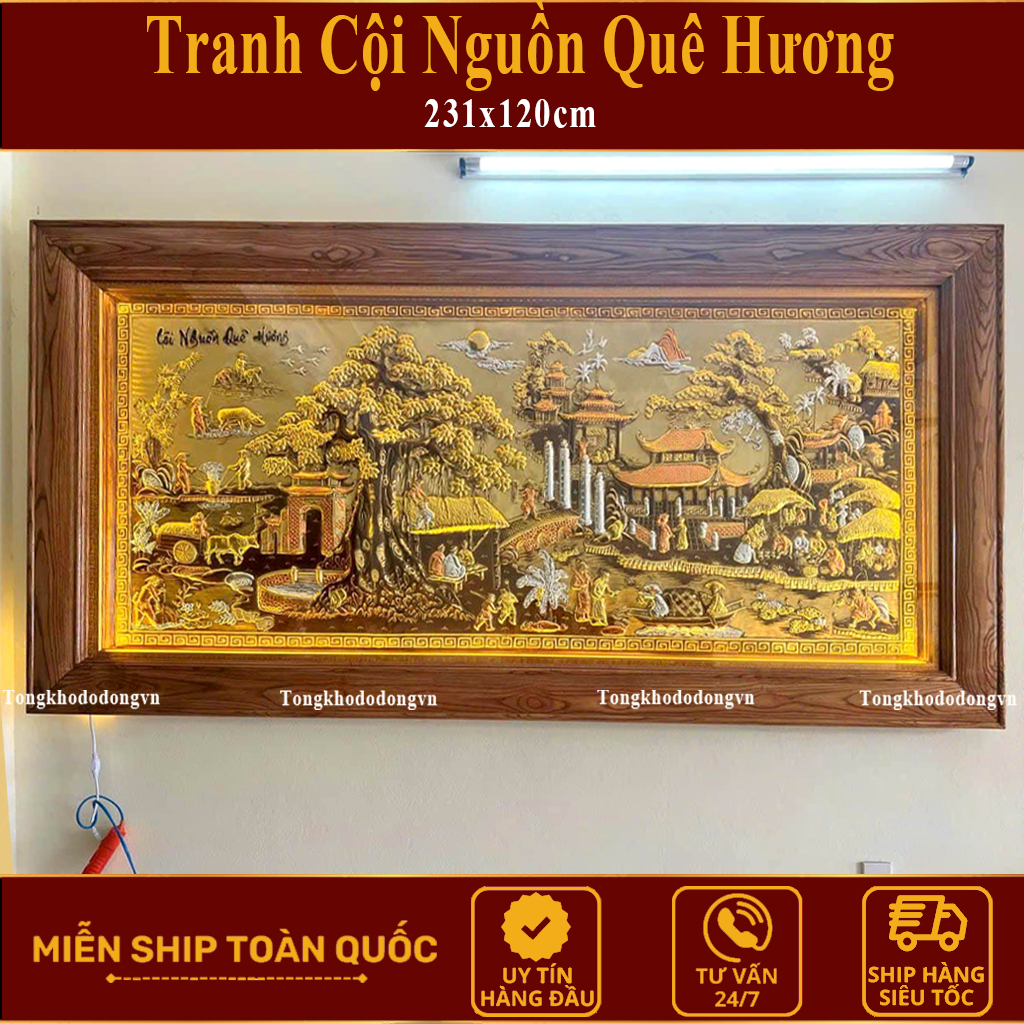 Tranh Đồng Quê Đẹp Bằng Đồng 2m31*1m2 Dát V.àng   Kèm Đèn Led Tranh Đồng Quê Hương Đồ Đồng Đại Bái