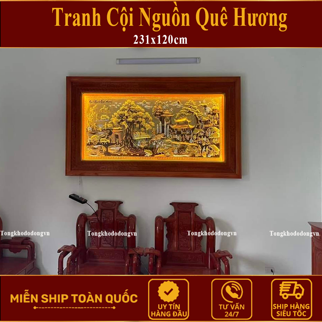 Tranh Đồng Quê 2m31x1m27 Cội Nguồn Quê Hương Bằng Đồng Dát V.àng   Khung Gỗ Sồi Nga