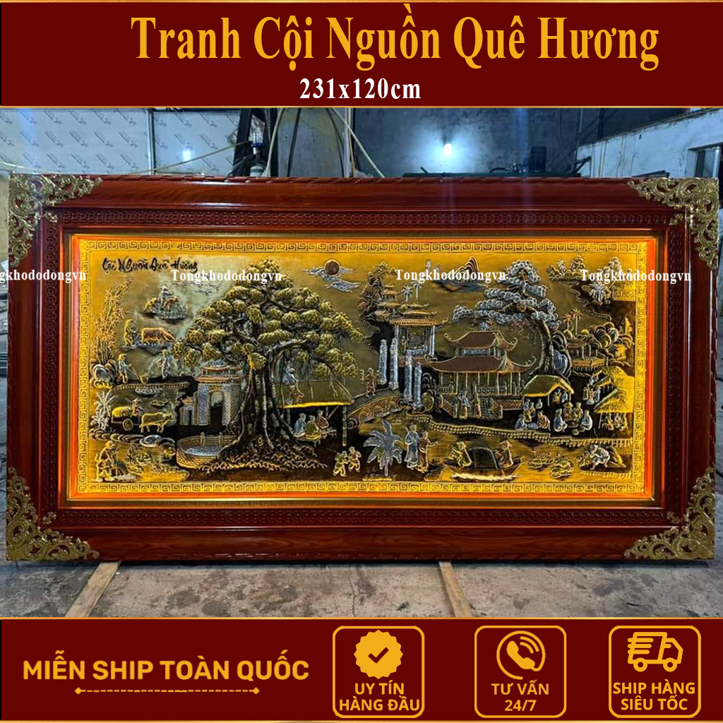 Tranh Đồng Quê 2m31x1m27 Cội Nguồn Quê Hương Bằng Đồng Dát V.àng   Khung Gỗ Sồi Nga