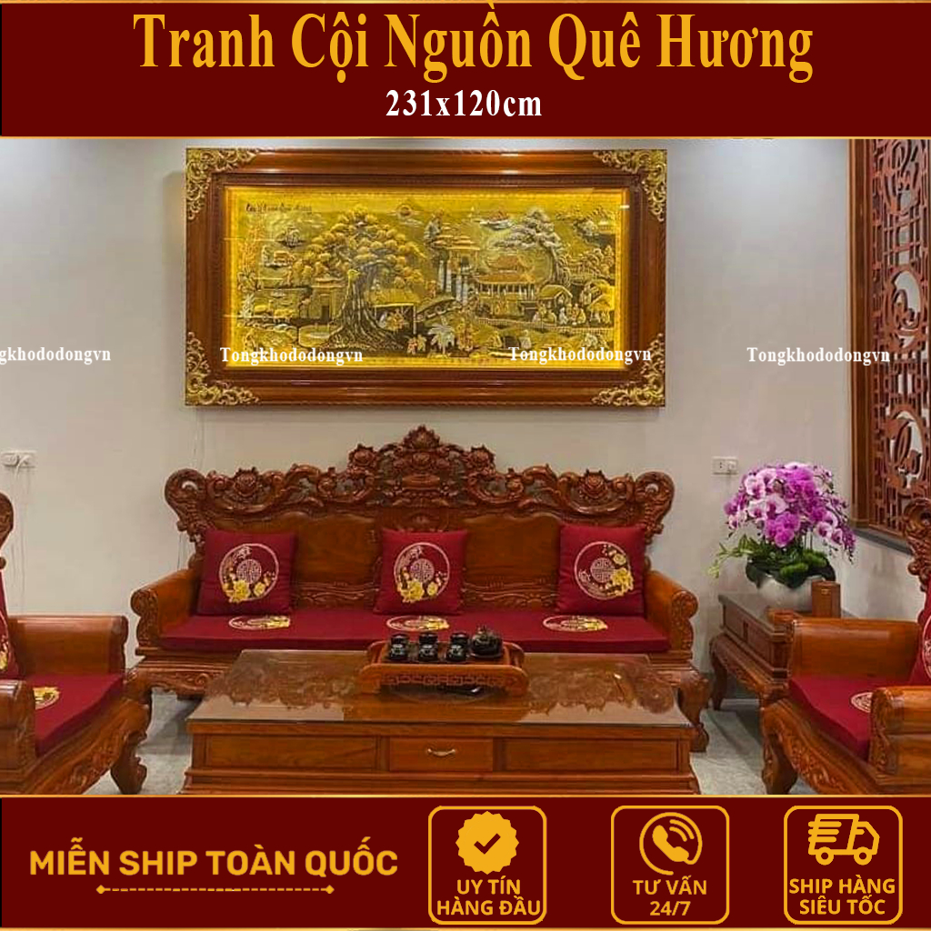 Tranh Đồng Quê Hương Cội Nguồn Quê Hương 2m31x1m27 Bằng Đồng Dát V.àng   Khung Gỗ Sồi Nga Tranh Quê Hương Trạm Trổ Kỹ