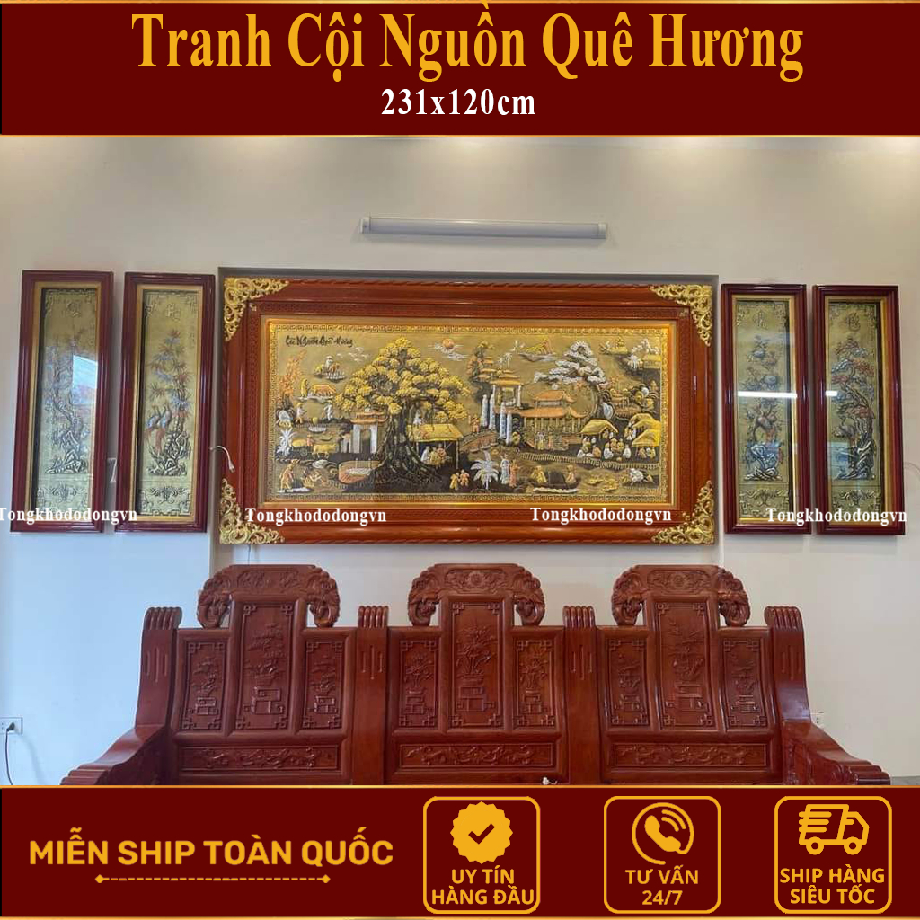 Tranh Đồng Quê Hương Cội Nguồn Quê Hương 2m31x1m27 Bằng Đồng Dát V.àng   Khung Gỗ Sồi Nga Tranh Quê Hương Trạm Trổ Kỹ