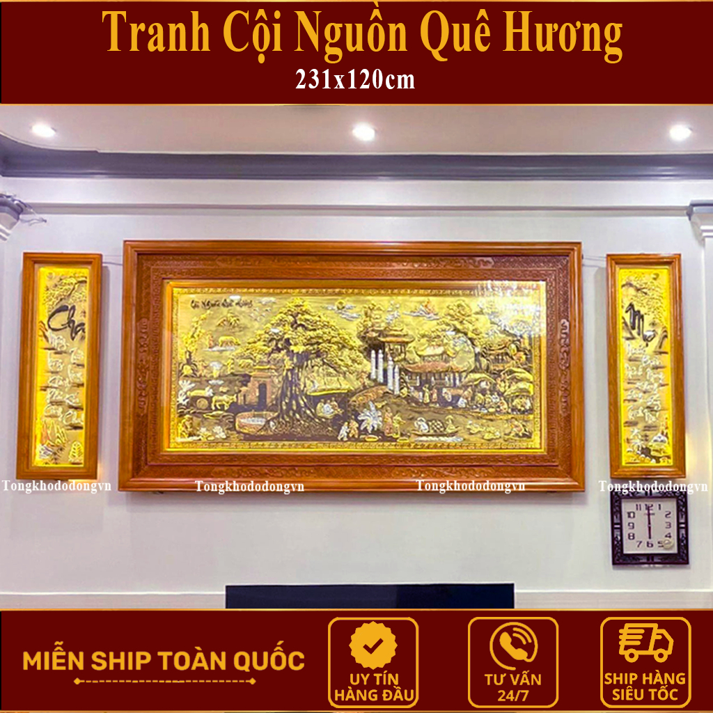 Tranh Đồng Quê Hương Cội Nguồn Quê Hương 2m31x1m27 Bằng Đồng Dát V.àng   Khung Gỗ Sồi Nga Tranh Quê Hương Trạm Trổ Kỹ