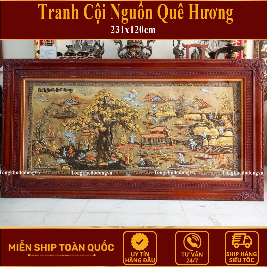 Tranh Đồng Quê Hương Cội Nguồn Quê Hương 2m31x1m27 Bằng Đồng Dát V.àng   Khung Gỗ Sồi Nga Tranh Quê Hương Trạm Trổ Kỹ
