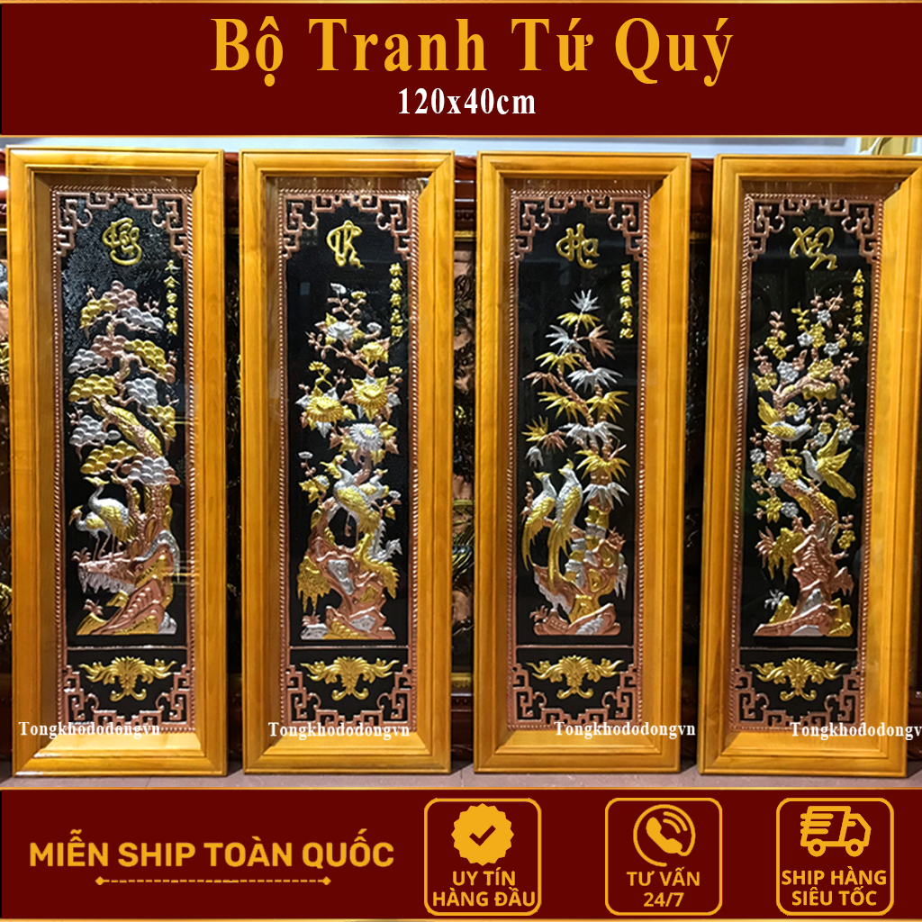Tranh Tứ Quý Bằng Đồng Mạ Vàng  1m Gỗ Thịt Chính Hãng Đồ Đồng Đại Bái Bộ Kích Thước Chuẩn Phong Thủy
