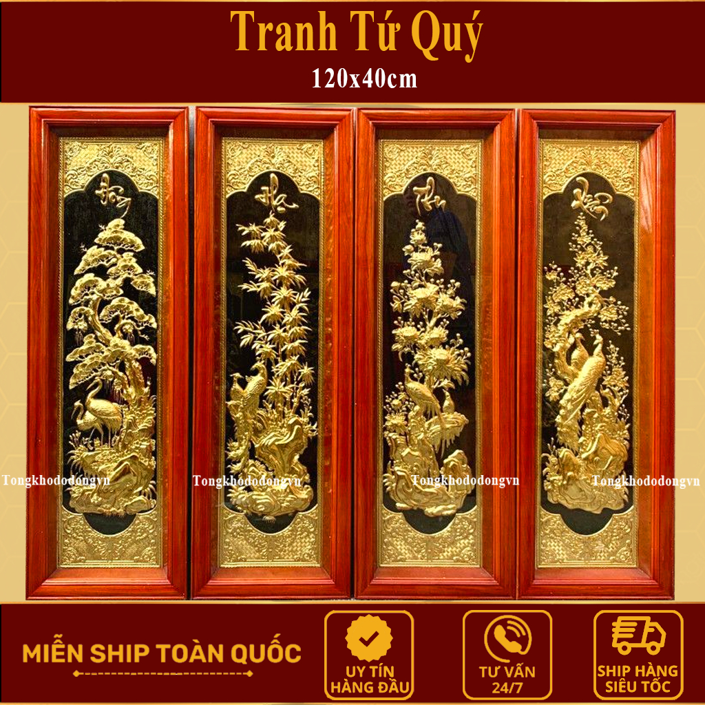 Tranh Tứ Quý Bằng Đồng Mạ Vàng  1m Gỗ Thịt Chính Hãng Đồ Đồng Đại Bái Bộ Kích Thước Chuẩn Phong Thủy