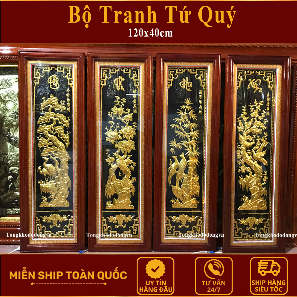 Tranh Tứ Quý Bằng Đồng Mạ Vàng  1m Gỗ Thịt Chính Hãng Đồ Đồng Đại Bái Bộ Kích Thước Chuẩn Phong Thủy