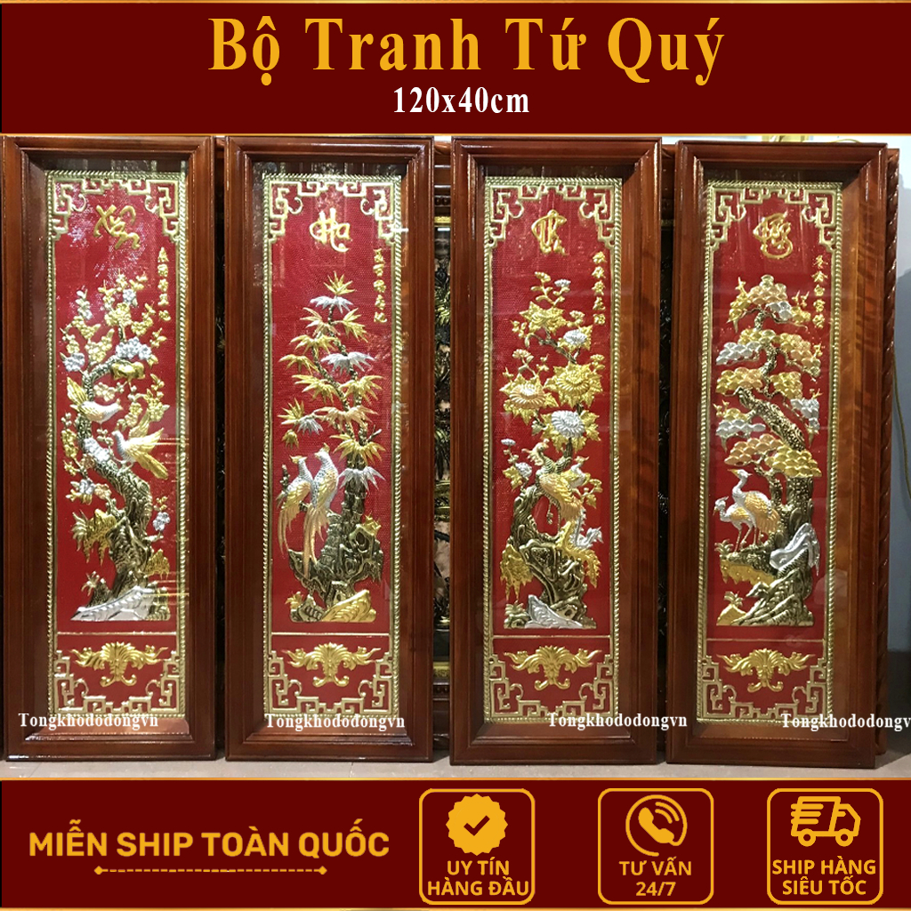 Tranh Tứ Quý Bằng Đồng Mạ Vàng  1m Gỗ Thịt Chính Hãng Đồ Đồng Đại Bái Bộ Kích Thước Chuẩn Phong Thủy