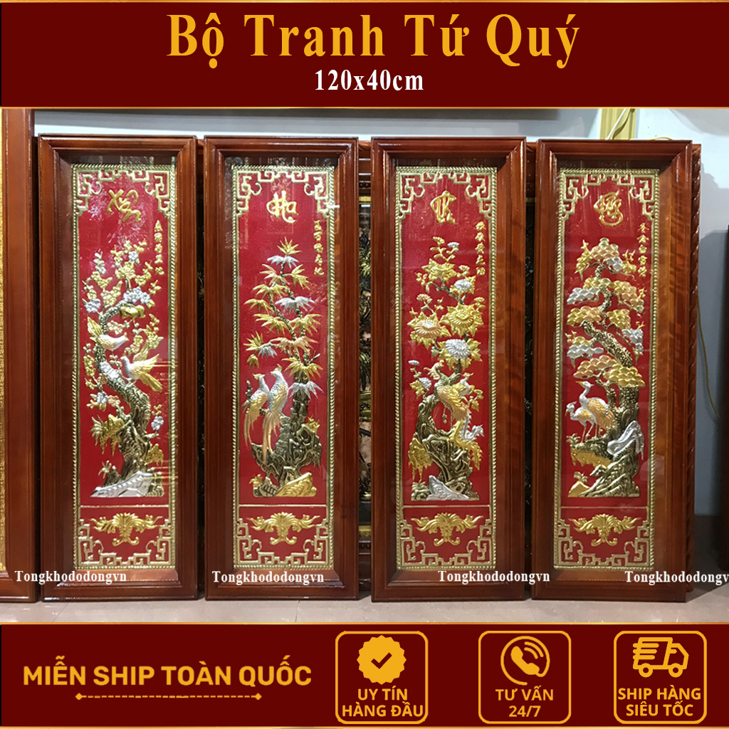 Bộ Tranh Tứ Quý Bằng Đồng Vàng Kích Thước Chuẩn Phong Thủy 1m2 x 40cm Làng Nghề Đúc Đồng Đại Bái Miễn Ship Toàn Quốc