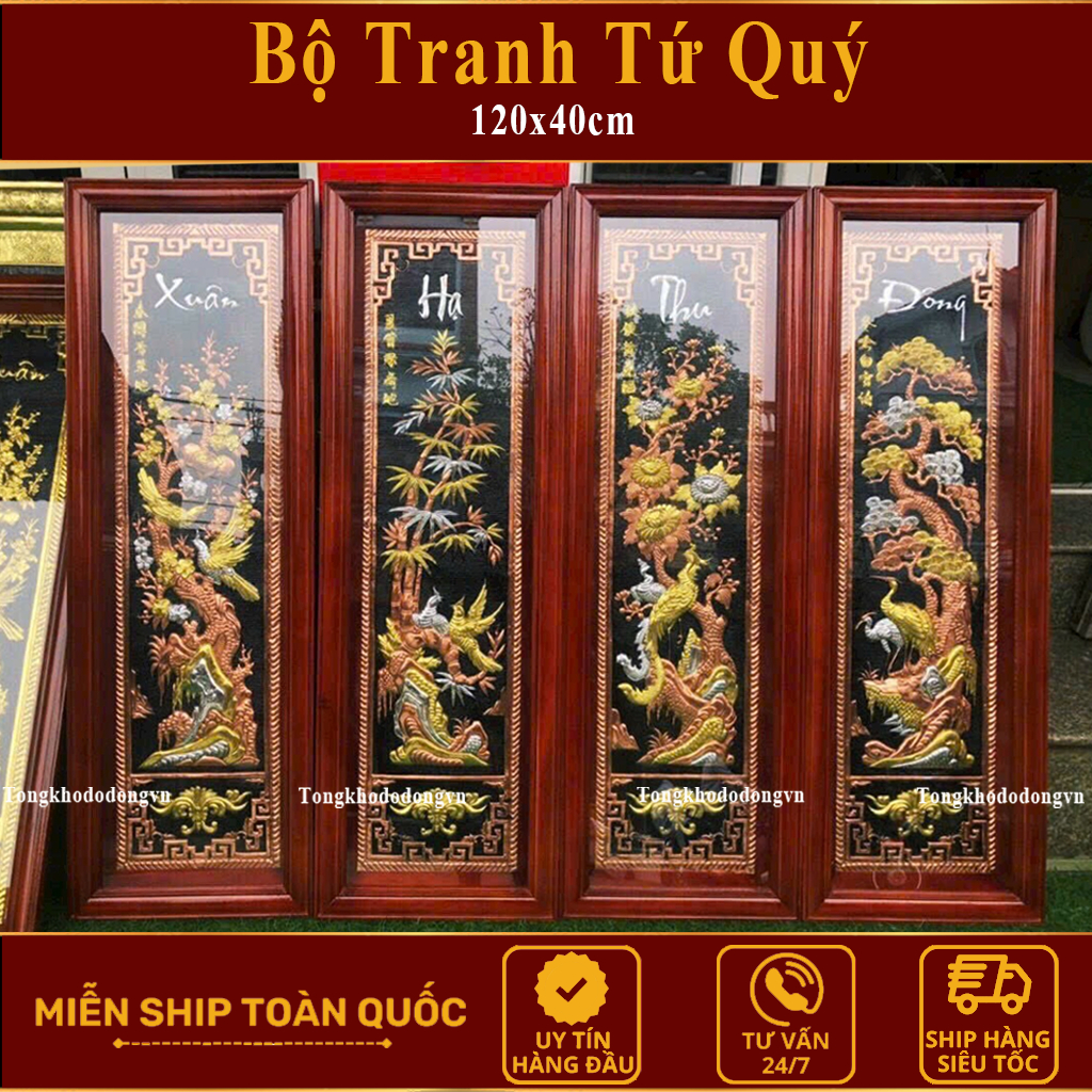 Bộ Tranh Tứ Quý Bằng Đồng Vàng Kích Thước Chuẩn Phong Thủy 1m2 x 40cm Làng Nghề Đúc Đồng Đại Bái Miễn Ship Toàn Quốc