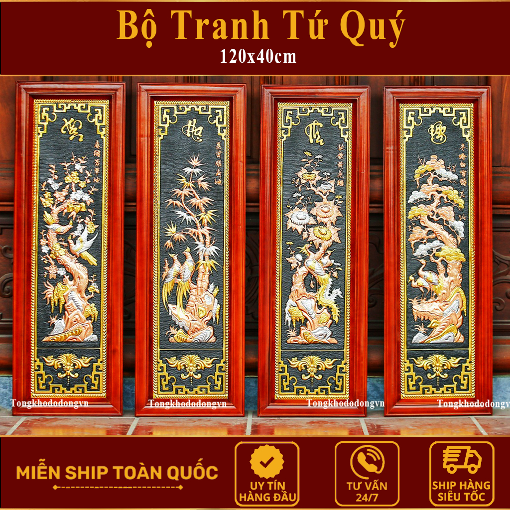 Bộ Tranh Tứ Quý Bằng Đồng Vàng Kích Thước Chuẩn Phong Thủy 1m2 x 40cm Làng Nghề Đúc Đồng Đại Bái Miễn Ship Toàn Quốc