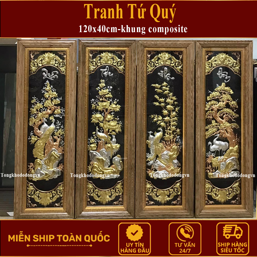 Bộ Tranh Tứ Quý Bằng Đồng Vàng Kích Thước Chuẩn Phong Thủy 1m2 x 40cm Làng Nghề Đúc Đồng Đại Bái Miễn Ship Toàn Quốc