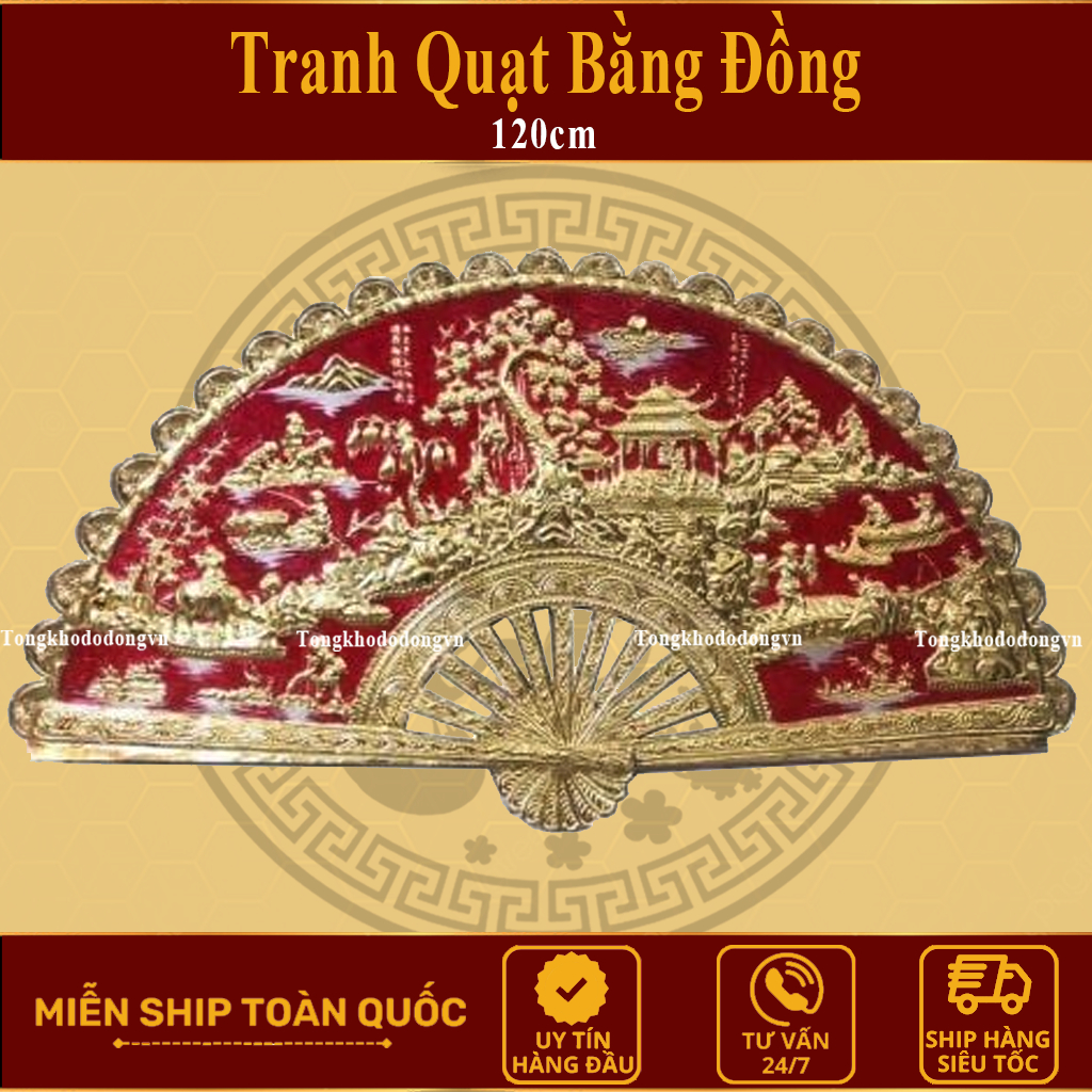 Tranh Quạt Vinh Quy Bái Tổ Bằng Đồng Mạ Vàng   1m2 Quà Tặng Độc Đáo Treo Tường Trang Trí Đồ Đồng Đại Bái