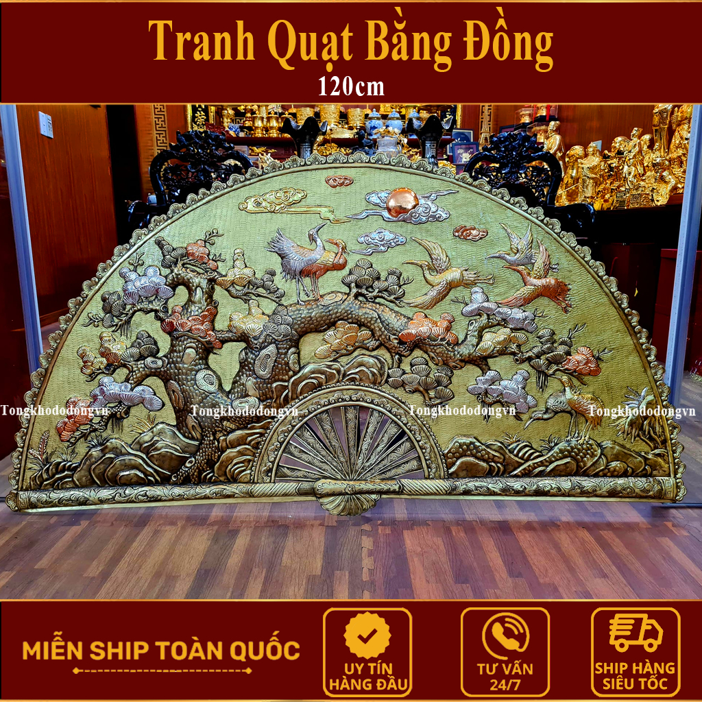 Tranh Quạt Vinh Quy Bái Tổ Bằng Đồng Mạ Vàng   1m2 Quà Tặng Độc Đáo Treo Tường Trang Trí Đồ Đồng Đại Bái